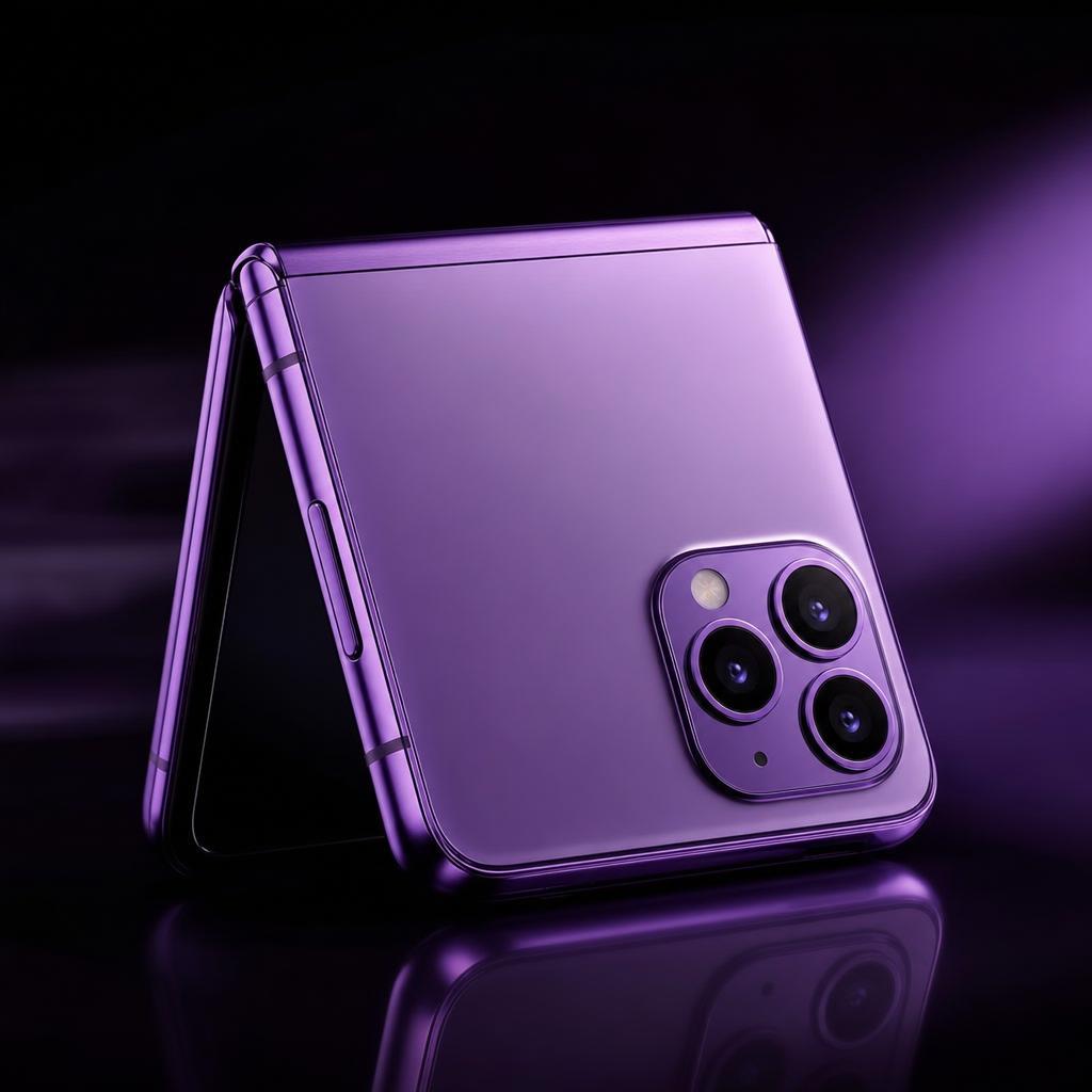 YOLO Flip phone closed, three-quarter angle, purple shell